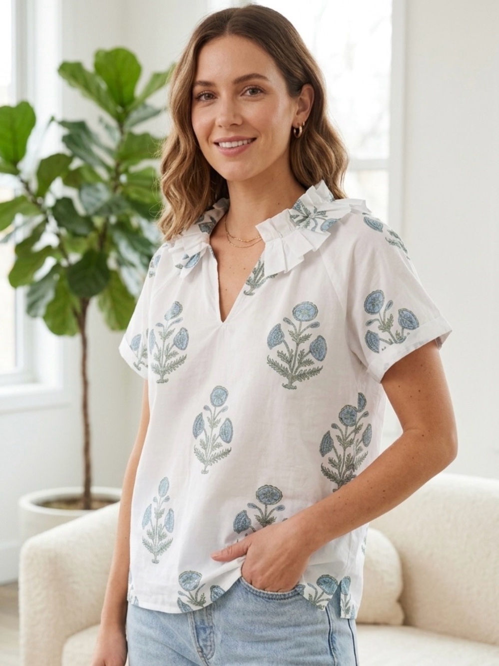 Saule Parc Cecie Top in French Bleu Floral Block Print Ruffle Neck Sz S